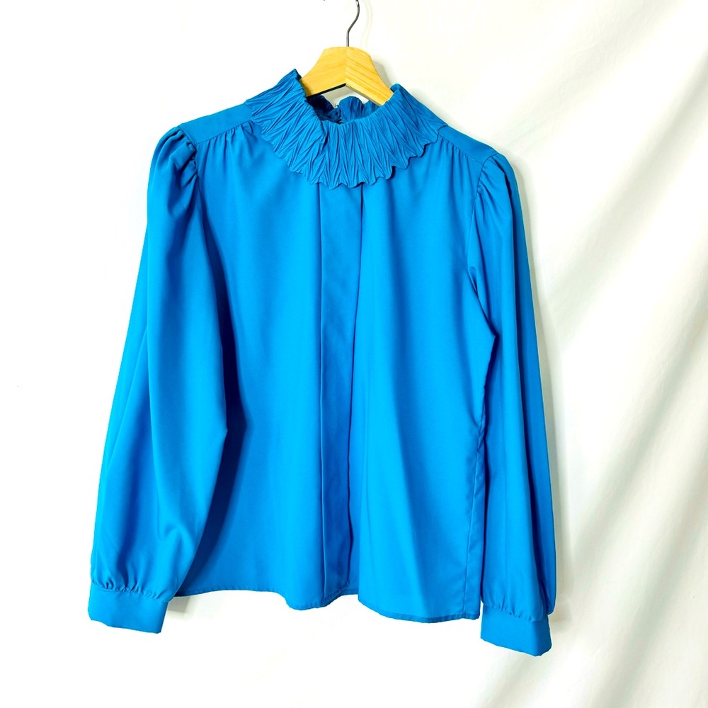 Vintage 70s Rhoda Lee Statement Collar Turquoise Blouse - Picture 2 of 11